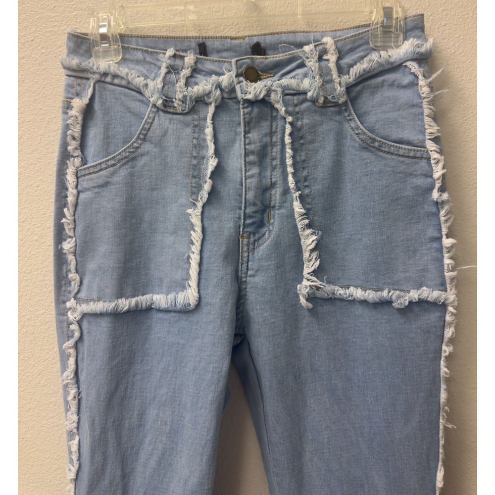 Unbranded Ruffle Flare Jeans Womens 28 Light Blue Frayed Avant Garde Boho Chic - Picture 2 of 9